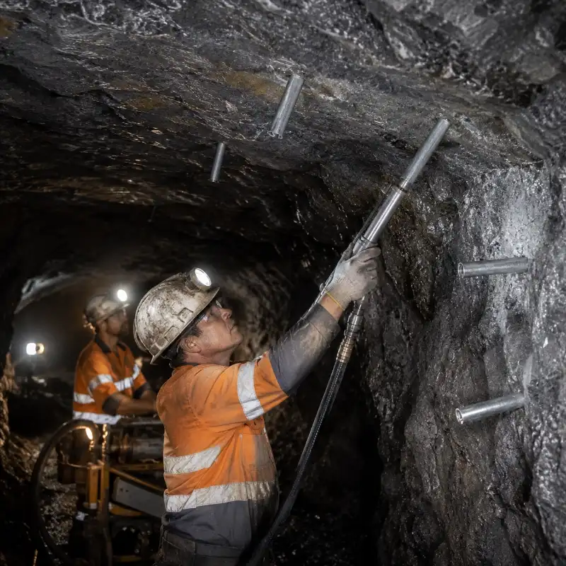 Mine worker installing water expansion rock bolts for underground rock support